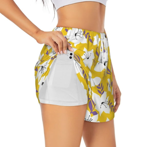 Pofeuu Lilies Flowers Print Women's Athletic Shorts Running Workout Shorts Tummy Control Quick Dry Gym Shorts with Pockets Double layer sports shorts-Large