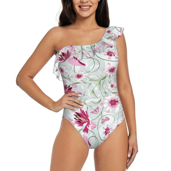 Pofeuu Lilies Flowers Print Women's One Piece Swimsuits One Shoulder Swimwear Asymmetric Ruffle Monokinis Bathing Suits-Large