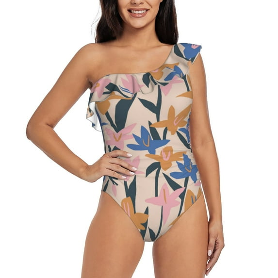 Pofeuu Lilies Flowers Print Women's One Piece Swimsuits One Shoulder Swimwear Asymmetric Ruffle Monokinis Bathing Suits-XX-Large