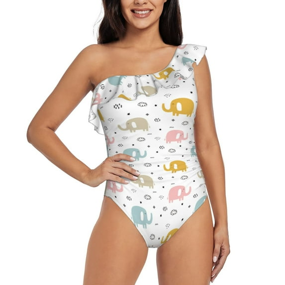 Pofeuu Little Elephant Print Women's One Piece Swimsuits One Shoulder Swimwear Asymmetric Ruffle Monokinis Bathing Suits-XX-Large