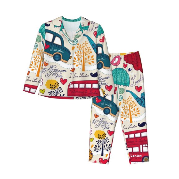 Pofeuu London Symbols Print Womens Pajamas Set Long Sleeve Sleepwear Button Down Nightwear Soft Pj Lounge Sets Button Down Pajamas Women-XX-Large