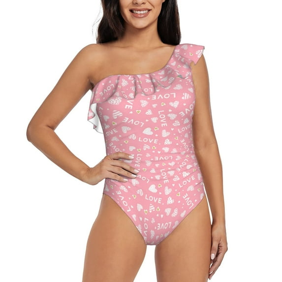 Pofeuu Love Print Women's One Piece Swimsuits One Shoulder Swimwear Asymmetric Ruffle Monokinis Bathing Suits-Small