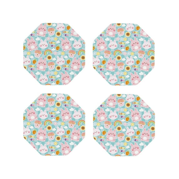 Pofeuu Love You Rabbit Print Coasters for Drinks, 4Pack PU Leather Coasters, Bar Drink Coasters for Tabletop Protection, Furniture from Damage-Octagon