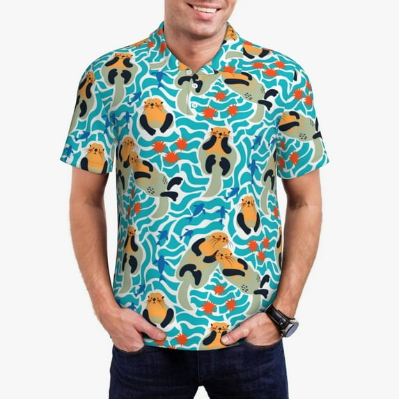 Pofeuu Lovely Sea Otters Print Men's Loose Fit Midweight Short-Sleeve Pocket Polo-Large