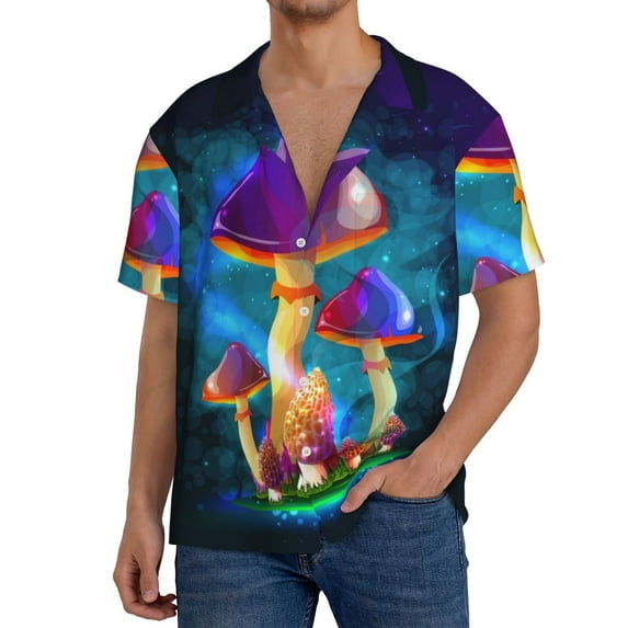 Pofeuu Magic Mushrooms ,Fireflies Print Mens Casual Short Sleeve Shirts Beach Summer Spread Collar Pocket Tops Men's Casual Short-sleeved Shirt-Small