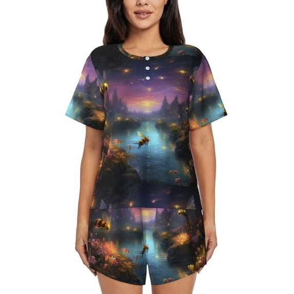 Pofeuu Magical Bees Twilight River Print Women's Pajama Set Short/Shorts Soft Button PJs Elastic Drawstring Waist Sleepwear-3X-Large