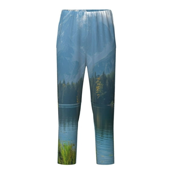 Pofeuu Majestic Deer Mountain Lake Print Teenagers' Pajama Pants, Soft Lounge Pajama Pants with big pockets for Men Plaid Pj Bottoms-Large