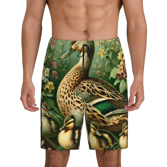 Pofeuu Mallard Duck And Flowers Print Men's Soft Woven Elastic Waistband Sleep Pajama Short-3X-Large