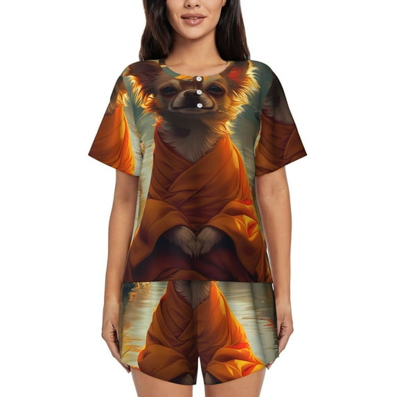 Pofeuu Maple Leaf Meditating Chihuahua Print Women's Pajama Set Short/Shorts Soft Button PJs Elastic Drawstring Waist Sleepwear-Medium
