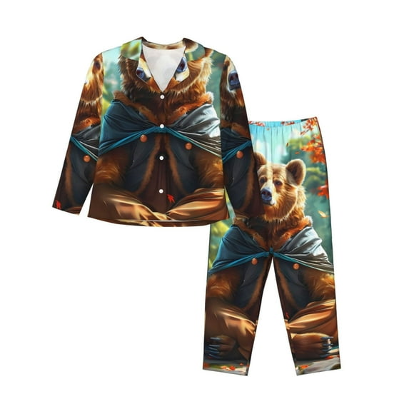 Pofeuu Maple Meditating Bear Print Womens Pajamas Set Long Sleeve Sleepwear Button Down Nightwear Soft Pj Lounge Sets Button Down Pajamas Women-Large