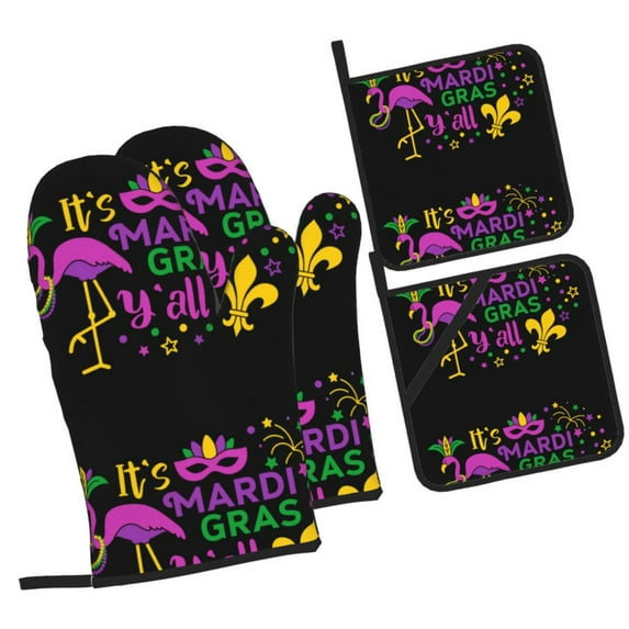 Pofeuu Mardi Gras with Flamingo Print Oven Mitts and Pot Holders 4 pcs Set,High Heat Resistant 500 Degree Extra Thicken Long Kitchen Cotton Oven Glove for Cooking