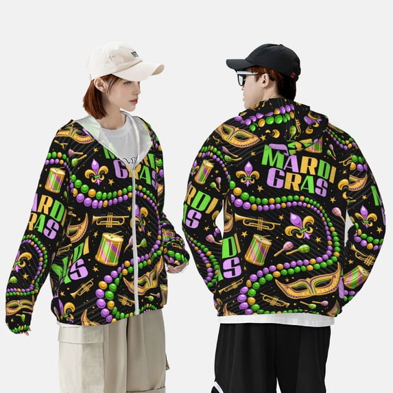 Pofeuu Mardi Gras3 Print Sun Protection Outdoor Lightweight Full Zip UV Cooling Hoodie Long Sleeve Summer Clothing for Outdoor Hiking-X-Large