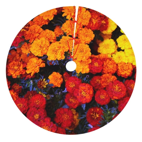 Pofeuu Marigold Flowers In Different Colors Print Christmas Tree Skirt, Merry Christmas Skirt Xmas Tree Ornaments for Xmas Holiday Party Decorations-48"