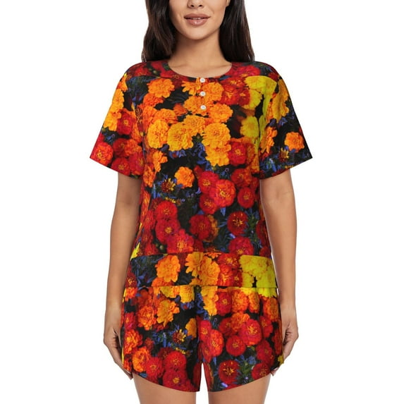 Pofeuu Marigold Flowers In Different Colors Print Women's Pajama Set Short/Shorts Soft Button PJs Elastic Drawstring Waist Sleepwear-3X-Large