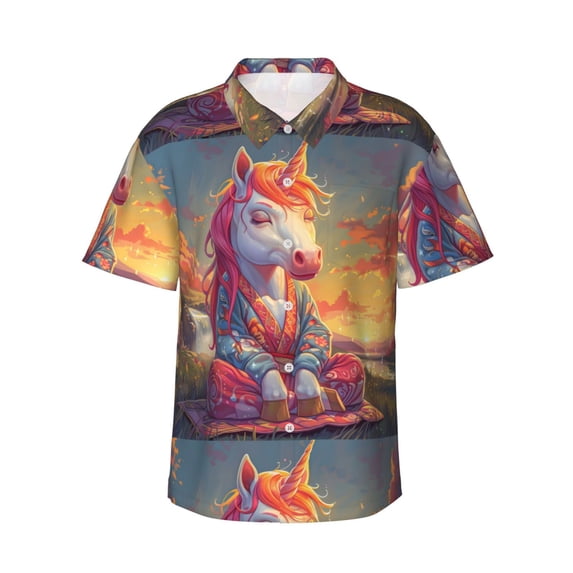 Pofeuu Meditating Cute Horse Print Hawaiian Shirt for Men Sleeves Casual Button Down Summer Beach Dress Shirts T-Shirts,X-Large