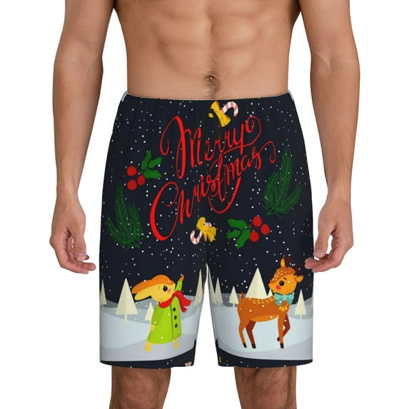Pofeuu Merry Christmas Elk Print Men's Soft Woven Elastic Waistband Sleep Pajama Short-Medium