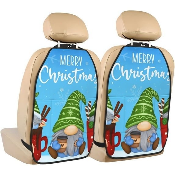 Pofeuu Merry Christmas Gnome Print 2 Pack PU Leather Kick Mat Back Seat Protector, Universal Car Seat Back Organizer, Waterproof Backseat Protector For Most Car