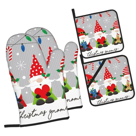Pofeuu Merry Christmas Gnome1 Print Oven Mitts and Pot Holders 4 pcs Set,High Heat Resistant 500 Degree Extra Thicken Long Kitchen Cotton Oven Glove for Cooking