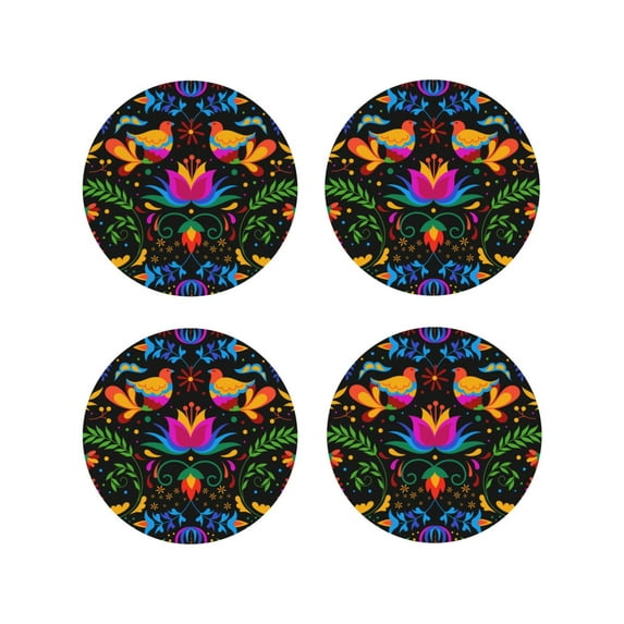 Pofeuu Mexican Flower Traditional1 Print Coasters for Drinks, 4Pack PU Leather Coasters, Bar Drink Coasters for Tabletop Protection, Furniture from Damage-Round Shape