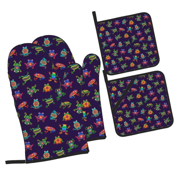 Pofeuu Mexican Frogs Print Oven Mitts and Pot Holders 4 pcs Set,High Heat Resistant 500 Degree Extra Thicken Long Kitchen Cotton Oven Glove for Cooking