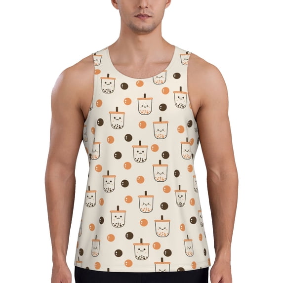 Pofeuu Milk Tea Print Men's Workout Tank Tops Sleeveless Muscle Gym Shirt Quick Dry-3X-Large