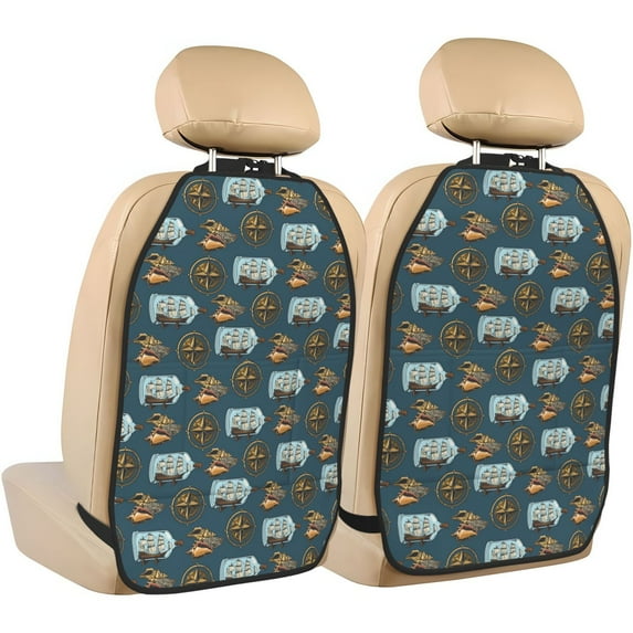 Pofeuu Miniature Ship In Bottle Print 2 Pack PU Leather Kick Mat Back Seat Protector, Universal Car Seat Back Organizer, Waterproof Backseat Protector For Most Car