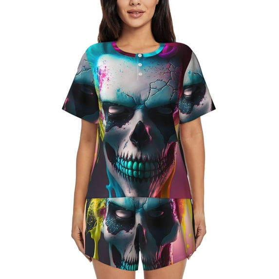 Pofeuu Modern Abstract Colorful Skull A Print Women's Pajama Set Short/Shorts Soft Button PJs Elastic Drawstring Waist Sleepwear-Medium