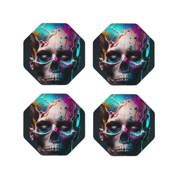 Pofeuu Modern Abstract Colorful Skull B Print Coasters for Drinks, 4Pack PU Leather Coasters, Bar Drink Coasters for Tabletop Protection, Furniture from Damage-Octagon