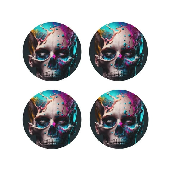 Pofeuu Modern Abstract Colorful Skull B Print Coasters for Drinks, 4Pack PU Leather Coasters, Bar Drink Coasters for Tabletop Protection, Furniture from Damage-Round Shape
