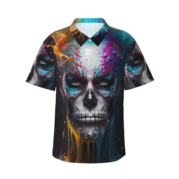 Pofeuu Modern Abstract Colorful Skull Print Hawaiian Shirt for Men Sleeves Casual Button Down Summer Beach Dress Shirts T-Shirts,Large