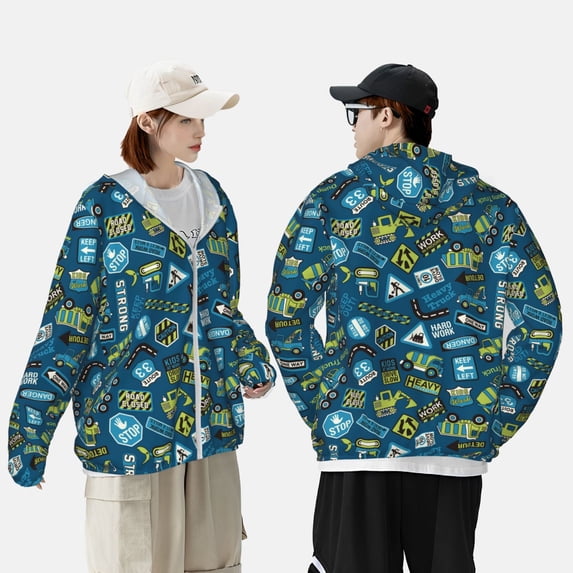 Pofeuu Modern Excavator Print Sun Protection Outdoor Lightweight Full Zip UV Cooling Hoodie Long Sleeve Summer Clothing for Outdoor Hiking-3X-Large