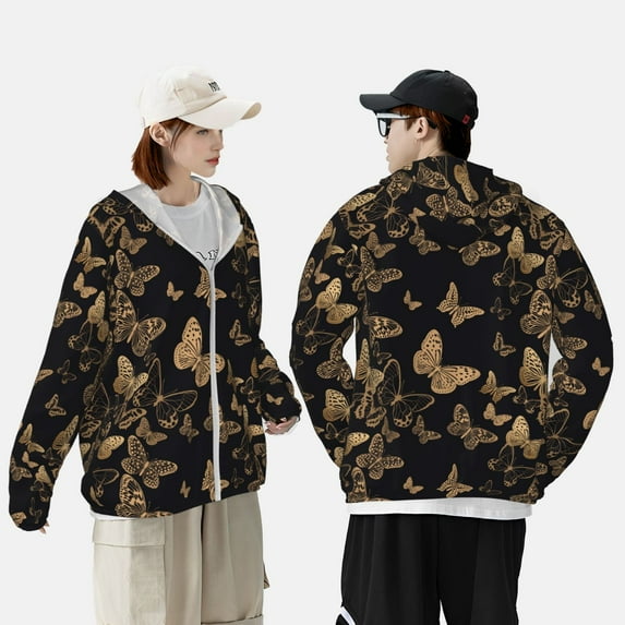 Pofeuu Modern Golden Butterfly Print Sun Protection Outdoor Lightweight Full Zip UV Cooling Hoodie Long Sleeve Summer Clothing for Outdoor Hiking-Medium