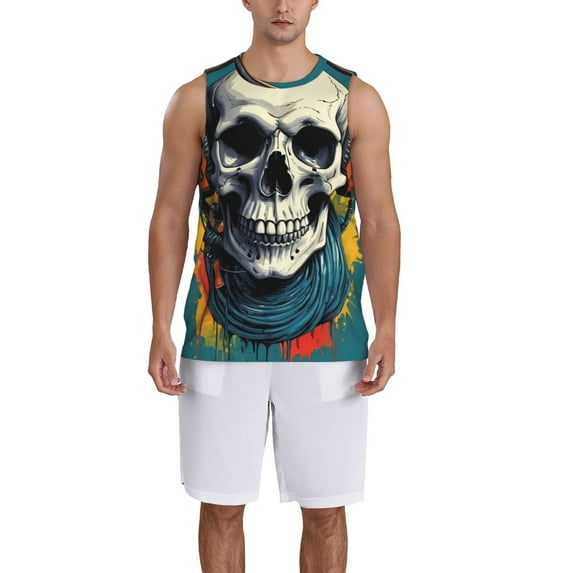 Pofeuu Modern Hip-Hop Skull Print Basketball Jersey, Shirts for Men Youth Basketball Jersey Crew Neck-Medium