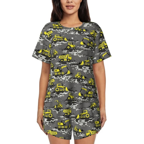 Pofeuu Modern Yellow Excavator Print Women's Pajama Set Short/Shorts Soft Button PJs Elastic Drawstring Waist Sleepwear-Large