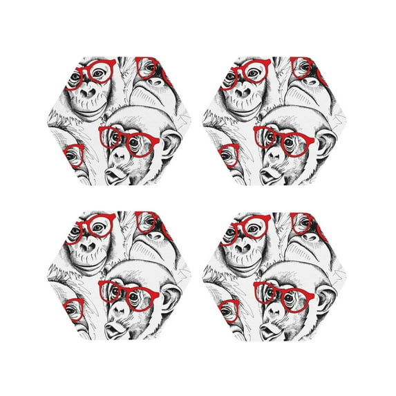 Pofeuu Monkey Print Coasters for Drinks, 4Pack PU Leather Coasters, Bar Drink Coasters for Tabletop Protection, Furniture from Damage-Hexagon