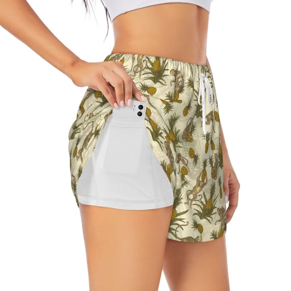 Pofeuu Monkeys and Pinealpples Print Women's Athletic Shorts Running Workout Shorts Tummy Control Quick Dry Gym Shorts with Pockets Double layer sports shorts-Large