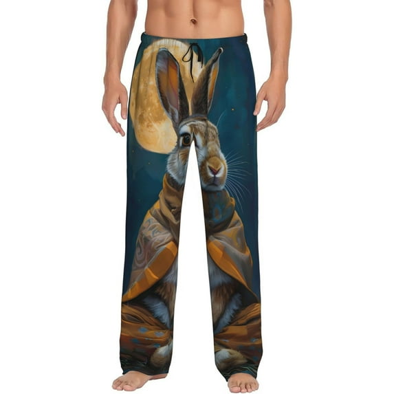 Pofeuu Moon Night Sky Cute Rabbit Print Men's Pajama Pants, Soft Lounge Pajama Pants with big pockets for Men Plaid Pj Bottoms-XX-Large