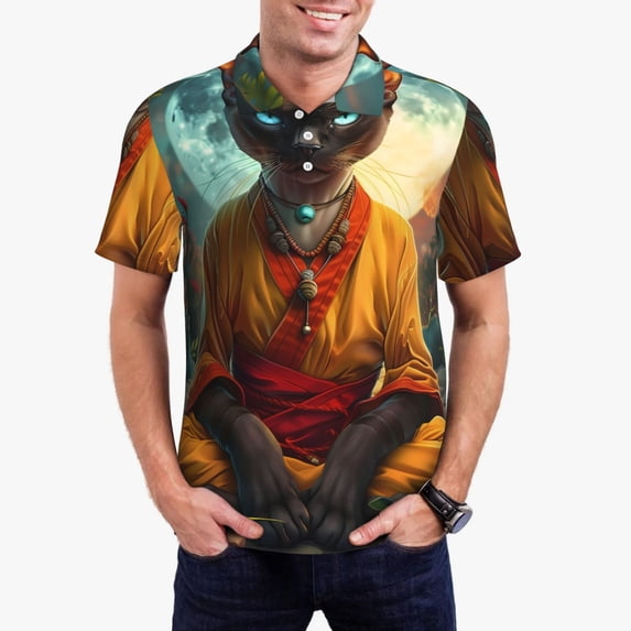 Pofeuu Moonlit Hairless Cat Monk Print Men's Loose Fit Midweight Short-Sleeve Pocket Polo-3X-Large