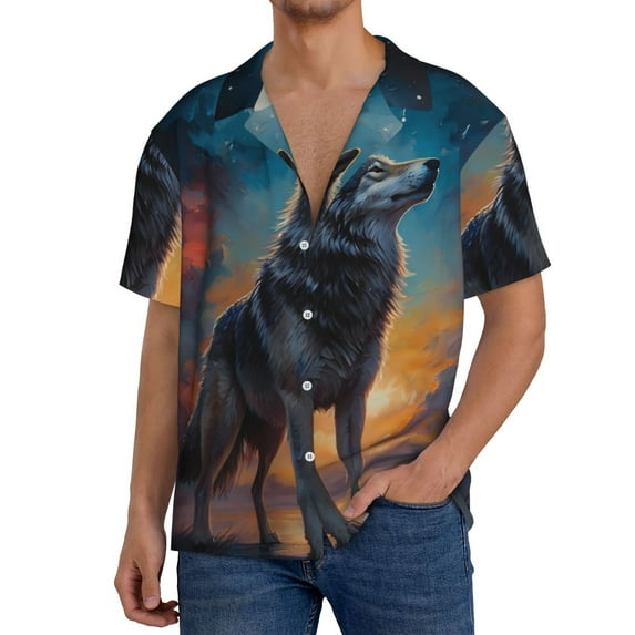 Pofeuu Moonlit Night Sky Wolf Print Mens Casual Short Sleeve Shirts Beach Summer Spread Collar Pocket Tops Men's Casual Short-sleeved Shirt-XX-Large