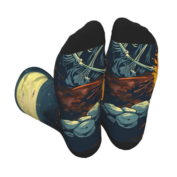 Pofeuu Moonlit Skeleton Campfire Print Crew Socks, Adult Running Hiking Socks for Youth and Adult