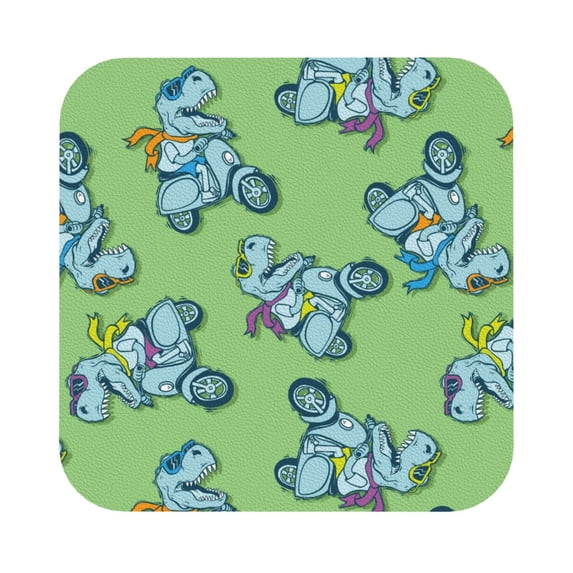 Pofeuu Motorcycle Riding Dinosaur Print Leather Coasters Set of 6, Round Cups Mugs Mat Pad for Home Kitchen Heat Resistant Drink Coasters,Square