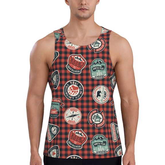 Pofeuu Mountain Adventure Badges Print Men's Workout Tank Tops Sleeveless Muscle Gym Shirt Quick Dry-4X-Large