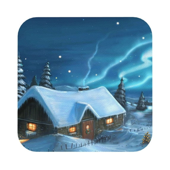 Pofeuu Mountain Cottage In Snow Print Leather Coasters Set of 6, Round Cups Mugs Mat Pad for Home Kitchen Heat Resistant Drink Coasters,Square