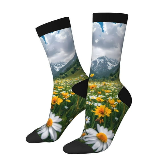 Pofeuu Mountain Daisy Meadow Print Crew Socks, Adult Running Hiking Socks for Youth and Adult