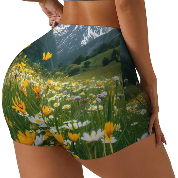 Pofeuu Mountain Daisy Meadow Print Workout Shorts for Women Scrunch Butt Lifting High Waisted Yoga Gym Seamless Booty Biker Shorts-XX-Large