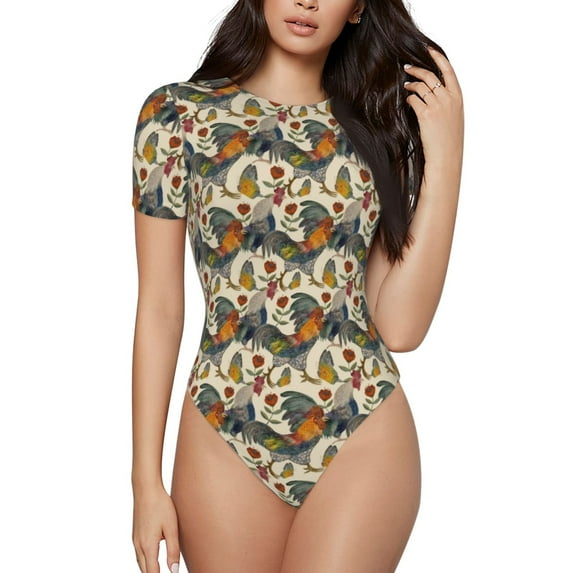 Pofeuu Multi-Colored Roosters Print Short Sleeve Body Suits Women Round Neck Bodysuits for Women Onesie Adult Set Body Suit-Small