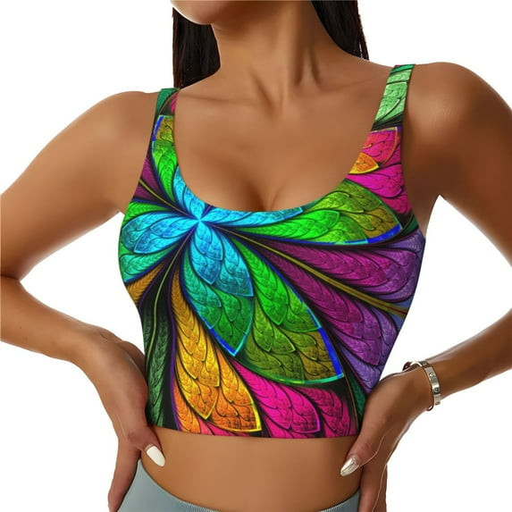 Pofeuu Multicolored Beautiful Flower Print Sports Bra for Women Sexy Vest Yoga Running Gym Fitness Crop Bras Tops-Large