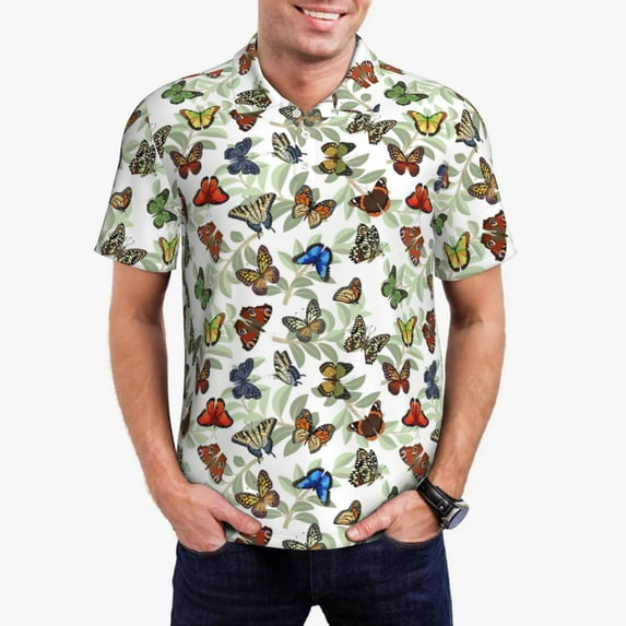 Pofeuu Multicolored Butterflies Print Men's Loose Fit Midweight Short-Sleeve Pocket Polo-XX-Large