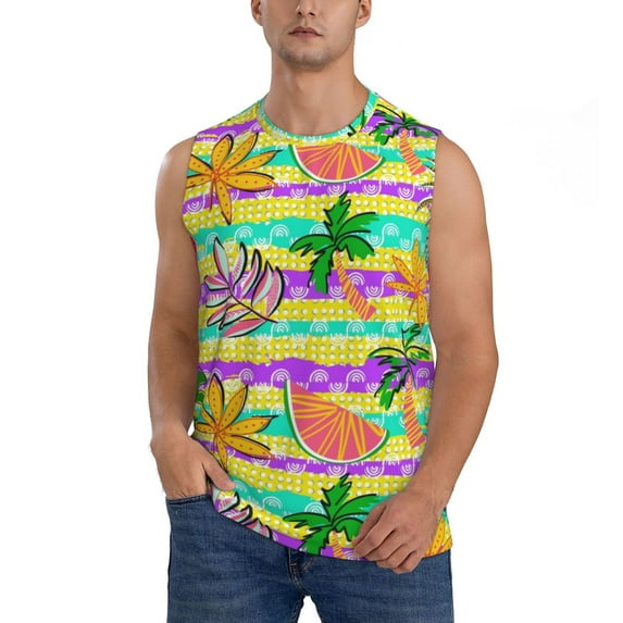 Pofeuu Multicolored Tropical Print Men's Muscle T-Shirt, Sleeveless, Muscle Tank, Classic Muscle Tee Top For Men Casual Sleeveless Muscle T-Shirt Trendy Clothes-Small