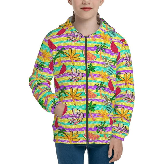Pofeuu Multicolored Tropical Print Teenage Zipper Hoodie Sweatshirts Hooded Casual Jackets With Pocket For Boys Girls-Medium